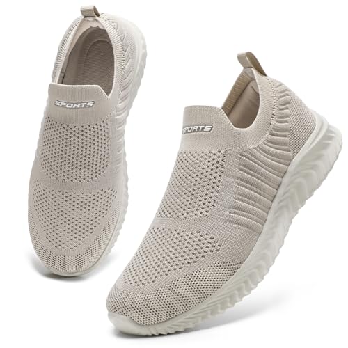 STQ Sneaker Damen Bequeme Turnschuhe Komfort Slip on Sneakers Sommer Schuhe Mesh Schlupfschuhe Taupe 40 EU