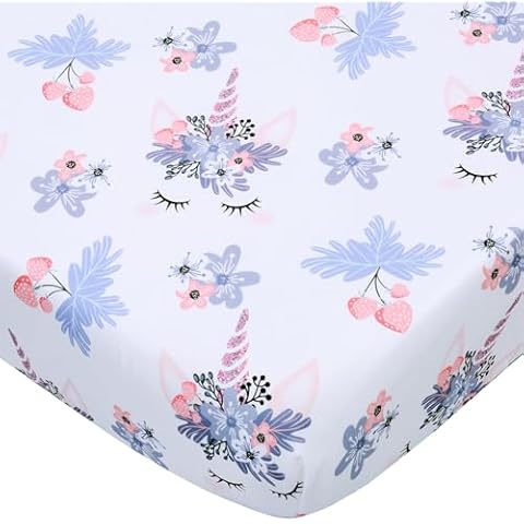 Cloele Unicorns Fitted Crib Sheet for Girls 1 Pack Baby Nursery Sheet Soft Cozy Bed Sheet for Standard Crib and Toddler Mattresses - Floral Crib Mattress Sheet Infant Toddler Sheet for Baby Girls Cover