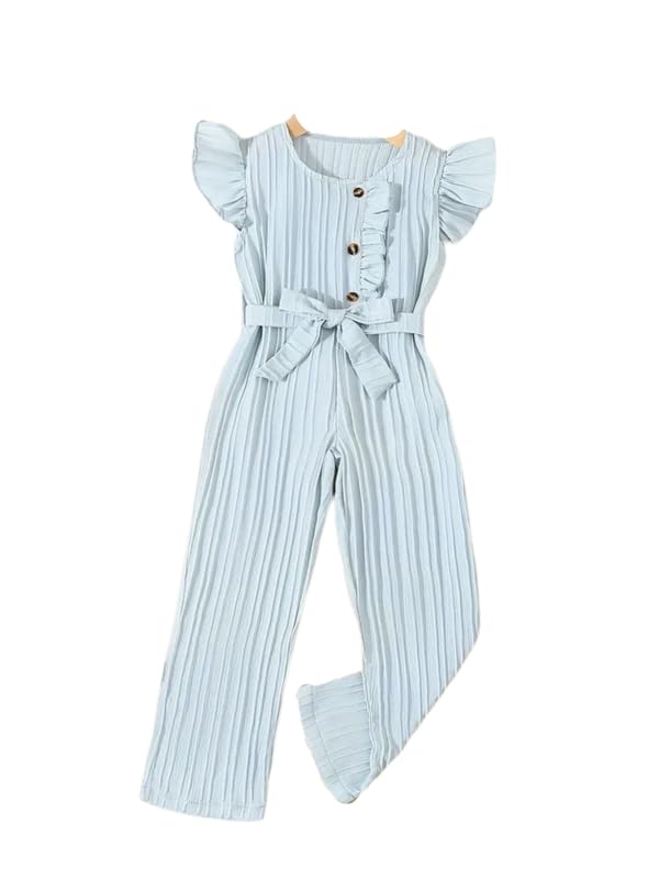 Image of Niren Enterprise Stylish Girls' Pleated Jumpsuit with Ruffle Sleeves, Button-Down Front, and Waist Belt - Comfortable Casual Outfit for Kids