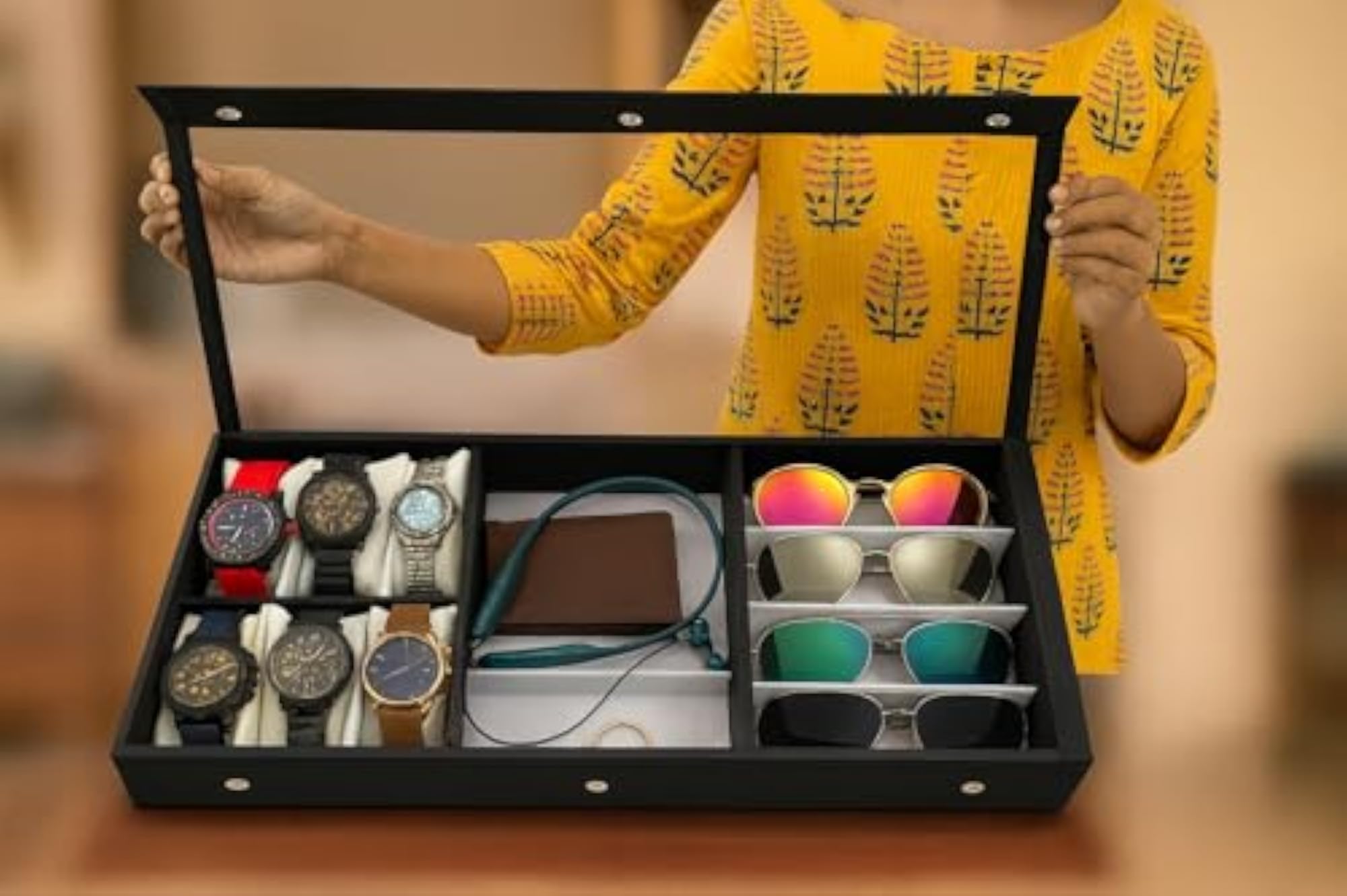 Wooden & Cotton Storage Compartment Organizer Box