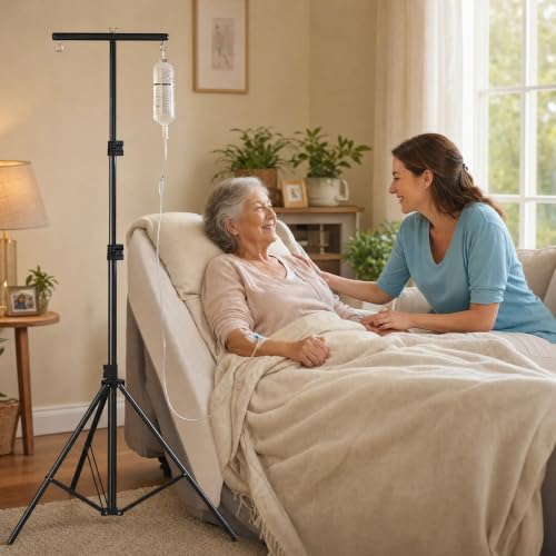Image of 6ft Adjustable Iron IV Drip Stand with 2 Hook Holder & Carry Bag, Portable Saline Glucose Stand, Hospital IV Pole for Clinic, Home Care, Patient Room & Medical Use