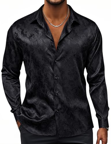 Image of Hi-Tie Men's Silk Satin Shirts Long Sleeve Button Up 70s Shiny Disco Shirt | Mens Satin Silk Shirt, Shiny Luxury Retro Party Prom Wedding Shirt, Nightclub Costume Dress Shirts, 70s Disco Shirt for Men