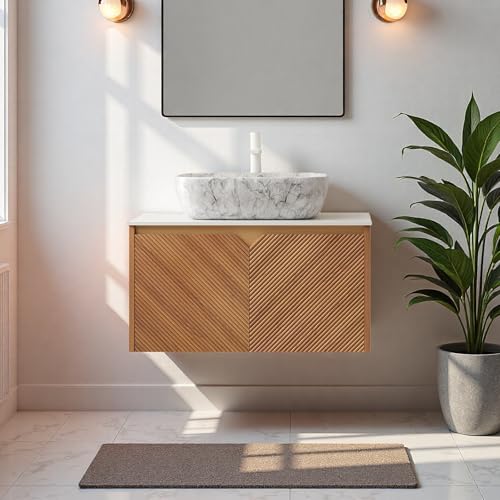 Image of Floating Bathroom Vanity with Sink, 30 inch Bathroom Storage Cabinet with Sintered Stone Countertop & Marble-Pattern Ceramic Basin, Wall-Mounted Vanity with 2 Twill Pattern Doors, Brown Oak