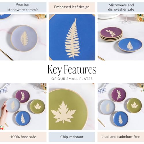 Image of Nestasia Ceramic Round Snack Plate Set of 4 (15cm Each) - Leaf Embossed Small Plates for Serving Snacks & Desserts | Microwave & Dishwasher Safe (Olive Green, Purple, Blue & Sky Blue)