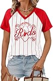 Baseball Jersey Women Baseball Mom Shirts Game Day Tshirt Baseball Fan Gift Tee Lightweight Breathable Striped V Neck Top Red