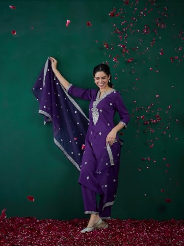 Image of INDO ERA Women's Embroidered Silk Blend Calf Length Straight Kurta Trouser With Dupatta Set