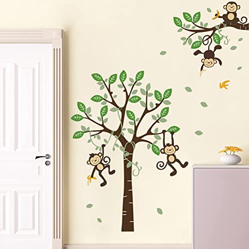 Supzone Monkey Climbing Tree Wall Decals Jungle Animals Wall Stickers Green Tree Vine Wall Decal For Kids Baby Nursery Girl Boy Bedroom Playroom Wall Decor #TOP2