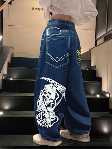 Unisex Y2K Hip Hop Street Jeans Skeleton Print Gothic Baggy Jeans Vintage High Waist Denim Jeans Wide Leg Pants4