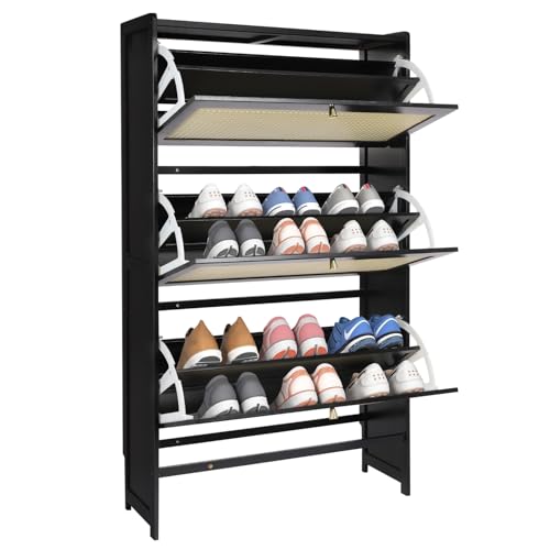 2 Flip Drawers Narrow Shoe Storage Cabinet with Natural Rattan Webbing Doors Freestanding Slim Thin Tipping Shoe Organizer for Hallway Bedroom Entrance Closet Bedroom 27.5 * 9.4 * 34.2in (Black 3)