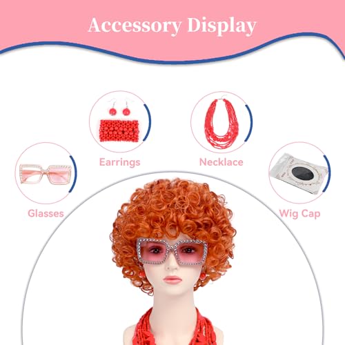 Image of Women Roper Curly Orange Red Cosplay Wig with Necklace Earrings and Sunglasses for Women Hallween Costume Wig