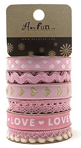 Pink Ribbon - Ribbons for Crafts Assorted Ribbon for Hair Cute Polka Dot Pom Pom Trim Pack Colorful RIC Rac Trim Set Cloth Thin Assortment Bundle Fabric Scraps for Crafts Fun Textured Variety Pack