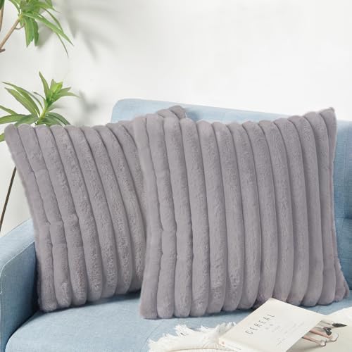 WHATWEARS Decorative Throw Pillow with Inserts, Set of 2 Soft Faux Fur Throw Pillows, Square Boho Striped Pillow for Couch, Bed, Sofa Decor(Gray, 16