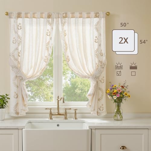 Image of jinchan Beige Floral Linen Kitchen Tier Curtains 50x54 Inch 2 Panels