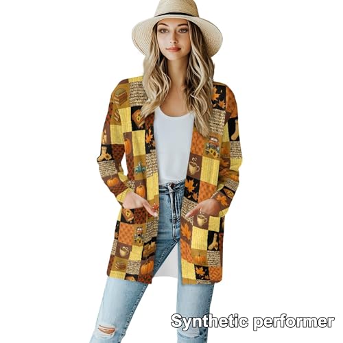 Image of Fall Maple Leaf Cardigan Sweaters for Women Long Sleeve Cardigan Soft Drape Open Front Dusters V-Neck Jackets Dressy