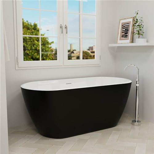 Image of 59 inch Acrylic Freestanding Bathtub, Double Ended Free Standing Tub, Soaking Tub with Integrated Slotted Overflow, Toe-Tap Chrome Drain, cUPC Certified, Matte Black