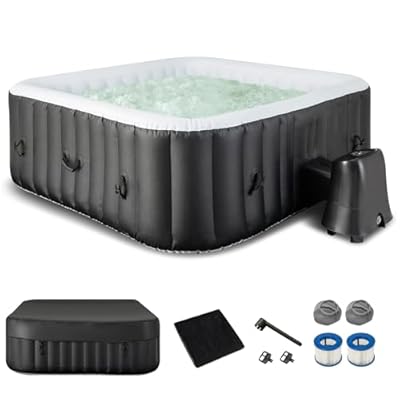 GYMAX Hot Tub, Inflatable Hot Tub with 130 Soothing Bubble Air Jets, Insulated Lockable Cover, Ground Mat & Filter Cartridges, Outdoor Blow Up Spa Tub for Backyard, Patio (Square, 4-6 Person)