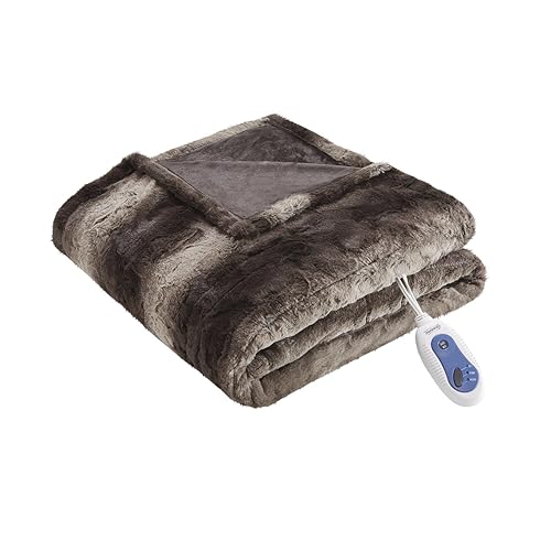 Beautyrest Zuri Electric Blanket Throw Ultra Soft Faux Fur Reverse to Mink Auto Shut Off Oversize with 3 Heat Level Setting Controller-5 Years Warranty, 50x70, Chocolate