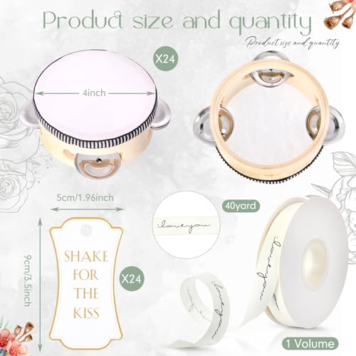 Lukmaa 24 Set 4 Inch Tambourine for Adults Wooden Hand Held Drum with Metal Jingles, Gift Tags, White I Love You Printed Ribbon Percussion Gift Musical Instrument for Church Wedding Party Favor