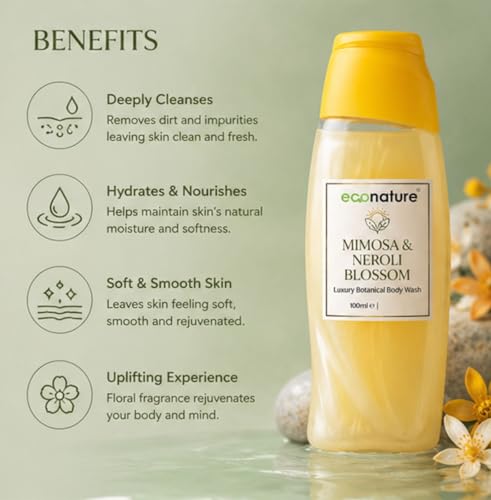 Image of Econature Shower Gel & Body Wash for Men & Women | Peach & Avocado, Mimosa & Neroli Blossom, Blackcurrant & Bearberry Variants | Refreshing & Moisturizing Bath Gel | All Skin Types (Mimosa & Neroli Blossom Body Wash)