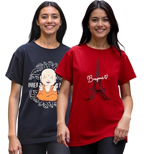 Lot de 2 t-shirts col rond en pur coton femme bleu-rouge M