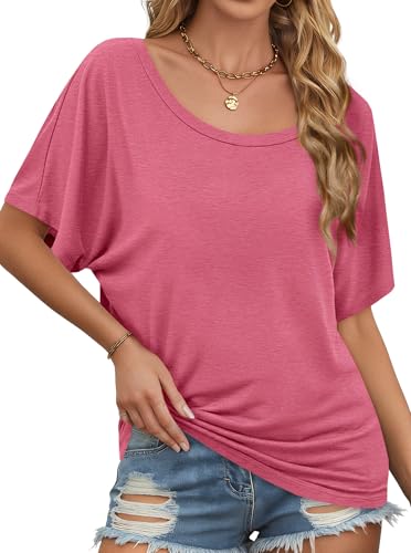 Image of Hilinker Womens Sexy Off The Shoulder Tops Short Batwing Sleeve T Shirt Oversized Casual Tee Heather Pink Medium