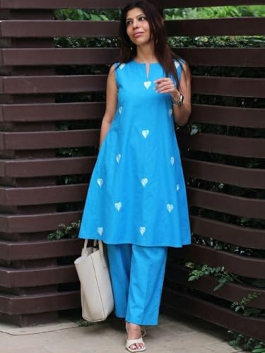 Image of ANNI Designer Kurta Set for Women Cotton Blend Embroidered | Kurti Set for Woman | Farshi Salwar Suit Kurta Palazzo Outfit | Round Neck V Slit Sleeveless Regular Fit Ethnic Dress Stylish Clothing