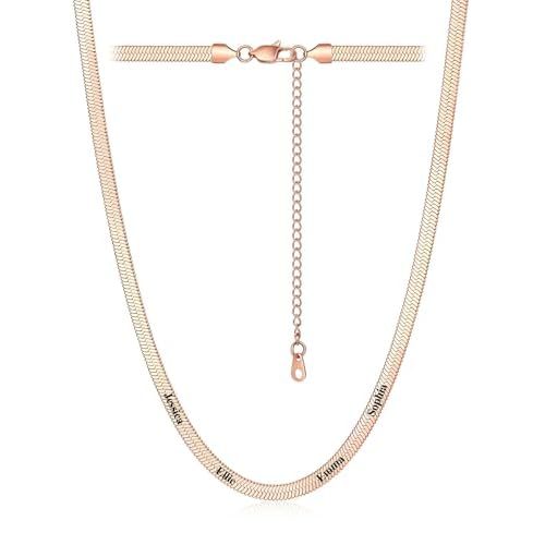 Custom4U Personalized Herringbone Necklace for Women 14K Gold Plated Choker Necklace Stainless Steel Snake Chain Custom Engraved 1-5 Names Adjustable