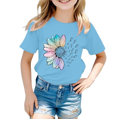 Girls Loose Fit Sunflower Graphic T Shirts Short Sleeve Crewneck Cute Pattern Printed Tops Kids (A-Sky Blue, 6-7 Years)3