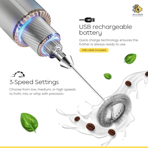 PRO365 Premium Coffee Frother Machine | Quick Charge 2000mAh Battery Long Lasting 20 Days | Powerful 3-Speed Motor| Waterproof | Free E-Recipe Book Included QR Code | Lifetime Brand Warranty