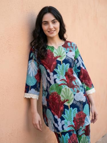 Image of Bee M Pee Designer Trendy Floral Printed Poly Rayon Cotton Kurta Coord Sets for Women | Stylish Casual Kurti Tunic Cord Set with Pant for Woman for Office