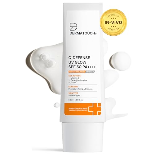 Image of DERMATOUCH C-Defense SPF 50 PA++++ Fluid Sunscreen with Vitamin C & Ceramides | Broad Spectrum | For Premature Aging, Dullness & Sunburn | Zero White Cast | Lightweight Daily Sunscreen | In-Vivo & In-Vitro Tested | 50ml