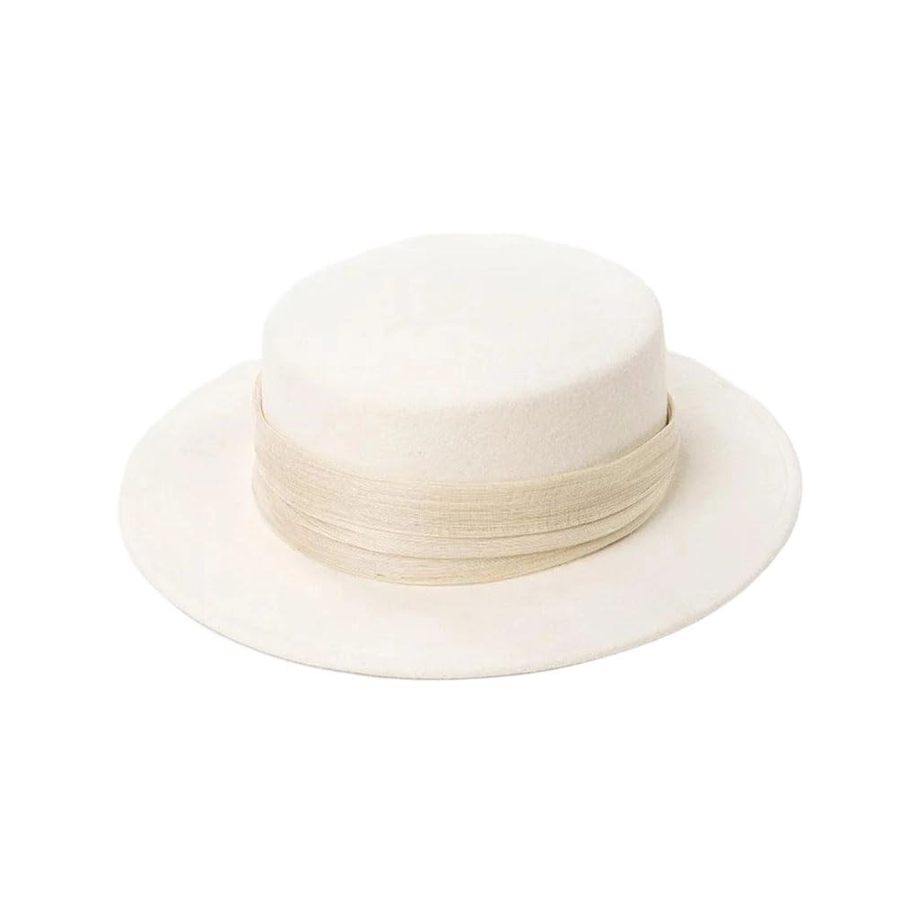 Sombrero plano de fieltro de lana con cinta de lino para exteriores