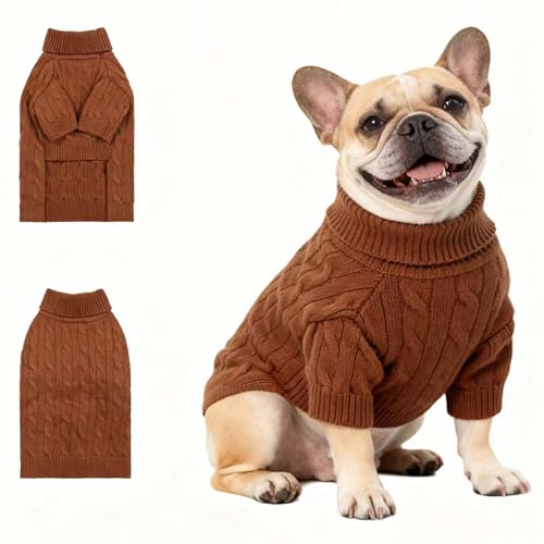 Image of Small /Medium Dog Sweater, Warm Dog Winter Coat w /Sleeves, Comfortable High Neck Premium Dog Clothes for Bulldog-Best for Holidays, Daily Walks L Brown