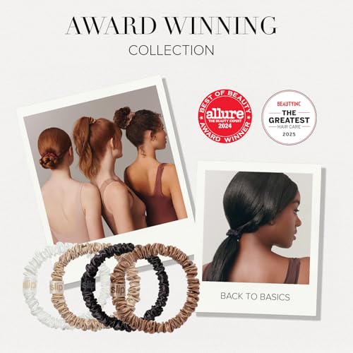 slip Silk Skinny Scrunchies - Black | Set of 4 Skinny Scrunchies | 100% Mulberry Silk, Anti-Crease, Gentle on Hair, Reduces Breakage | Stylish & Durable, Ideal for All Hair Types