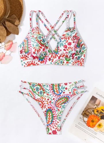 Image of Fanuerg Women's Sexy V Neck Bikini Sets Hollow Out Two Piece Swimsuits Cutout Mid Waist Bathing Suit