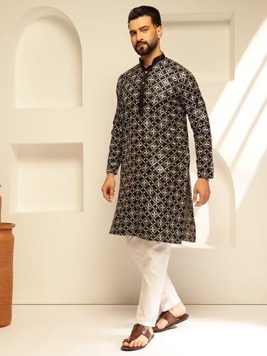 Image of SOJANYA (Since 1958 Men's Cotton Silk Gold Sequins Thread Embroidered Kurta With White Pyjama