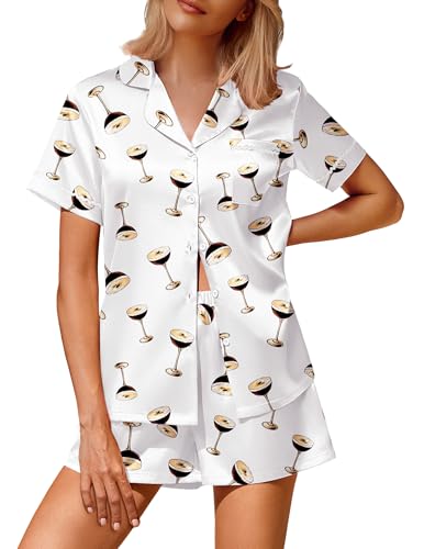 Image of Ekouaer Silk Satin Pajamas 2 Piece Pajamas for Women Set Button Down PJ Short Sleeve and Shorts Pjs Lounge Sets