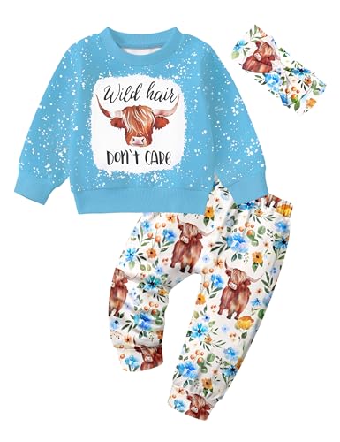 Image of Toddler Girl Clothes Fall Winter Outfits Wild Hair Don't Care Highland Cow Sweatshirt Pants Western Cowgirl Outfit