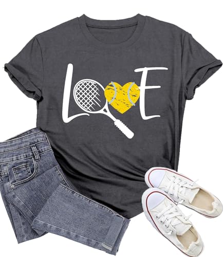 Wlen Tennis Shirt For Women Funny Game Day T-Shirts Love Tennis Heart Tee Tops