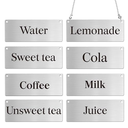 VELATYVIO 8 Pcs Stainless Steel chain signs 3.54 x 1.4 Inch Table beverage display signs Hanging chain sign for Indoor Outdoor, Including Coffee,Lemonade,Sweet Tea,Unsweet Tea,Water, Milk,Juice,Cola