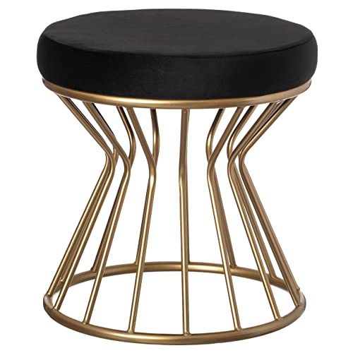 Image of Round Velvet Ottoman Seatting Stool Foot Rest Vanity Dressing Stool with Gold Metal Legs Modern Upholstered Footstool for Living Room Bedroom Home and Office Black