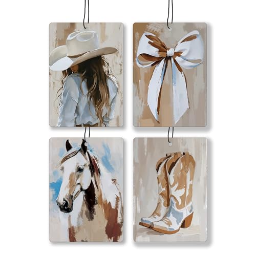 Image of Boho Western Cowgirl Lavender Car Air Freshener, Coquette Bow Cowgirl Boots Horse Hanging Air Freshener 4 Pcs for Cars Closet Drawer Books, Western Girly Car Accessories Mirror Decor for Women