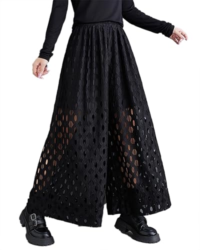 ellazhu Women's Pants Wide Leg Elastic Waist Lace Hollow Solid Two Side Pockets Oversize Loose Casual GZ381
