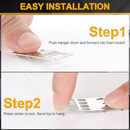Image of MorningRo 100-pack Nailess Foam Board Hangers, Press-in Sawtooth Picture Frame Clips, Metal Poster Wall Hanging Hooks for Foamcore & Corrugated Backing, Supports 1 lb, Silver (1.5 x 0.5 in)