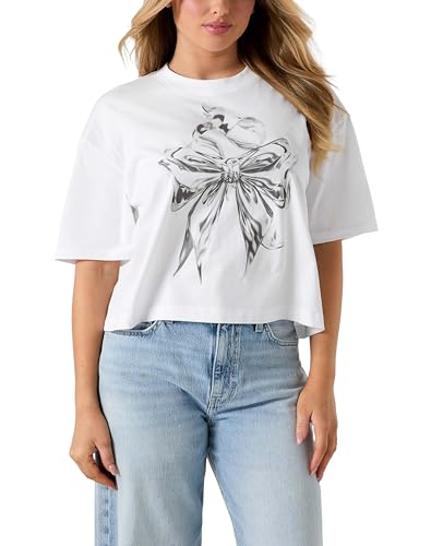 Guess Womens Eco Short Sleeve Chrome Bow Os Tee, Pure White, Medium