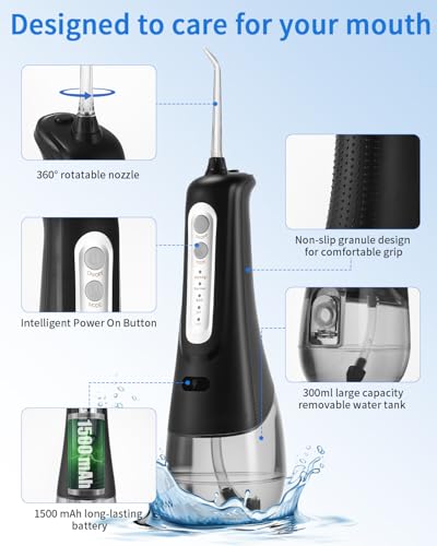 Munddusche Kabellos, Elektrischer Zahnreiniger, 4 Modi 9 Düsen USB-C Wiederaufladbare Wasser Flosser IPX7 Wasserdicht, 300ML Wassertank Mund Reiniger, Munddusche Testsieger für Reinigung auf Reisen – Bild 5