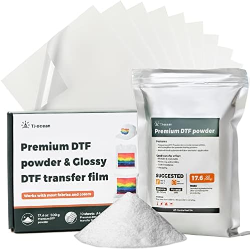 TJ-OCEAN DTF Powder Film Kit for Sublimation & DTF Printer,23Pcs Sensor recognition Stickers,17.6OZ White Digital Hot Melt Adhesive Powder&10 Direct to Film Iron-on Transfer Paper for all Color Fabric