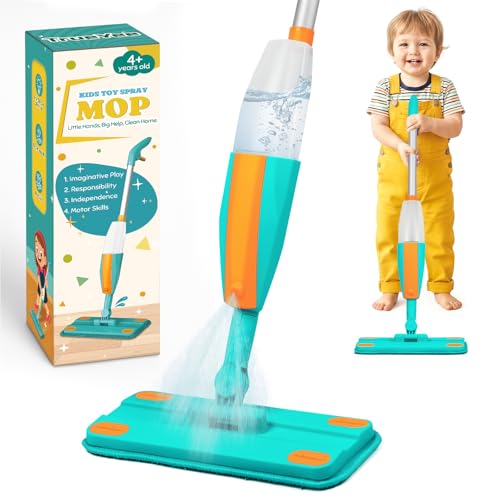 Kids Spray Mop, Mini Mop with Real Sprayer and Washable Microfiber Pads, Toddler Pretend Play Cleaning Toy Gift for Girls Boys