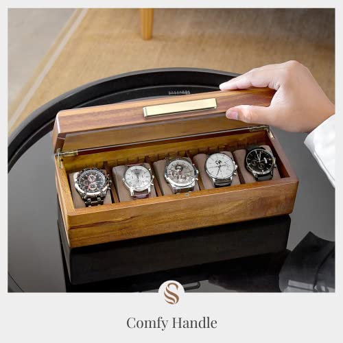 Shanik Wooden Watch Box For Men - Personalized Storage Box With 5 Slots For Watches, Soft Velvet Pillows, Natural Acacia Wood (Wooden Watch Box/Without Engraving) #TOP7
