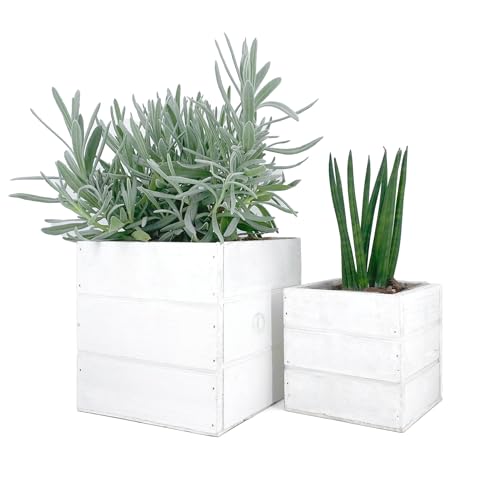 Vimin Box Cajas de madera blanca para flores, plantas, bonsái, hierbas aromáticas, decoración del hogar, jardín, balcón, terraza (14 x 14 + 10 x 10)